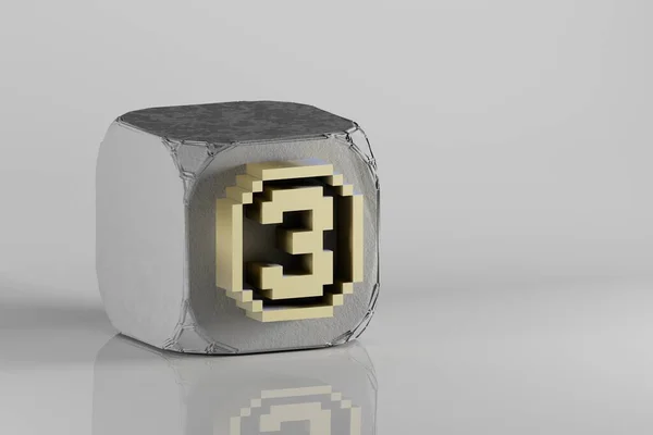 美しいゴールデンピクセル番号3 ベトンキューブと白のセラミックの背景にシンボルアイコン 3Dレンダリングイラスト デザインの背景パターン — ストック写真