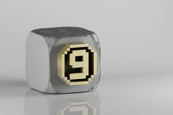 美しいゴールデンピクセル番号9のシンボルアイコンは ベトンキューブと白のセラミックの背景にあります 3Dレンダリングイラスト デザインの背景パターン — ストック写真