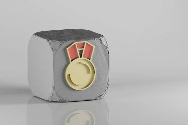 Прекрасний Золотий Медальний Символ Кубі Білому Керамічному Фоні Ілюстрація Рендеринга — стокове фото