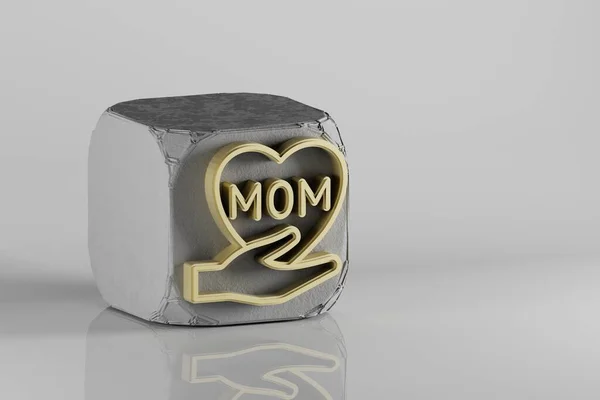 큐브와 세라믹 배경에 Mom 이라는 단어가 새겨진 아름다운 하트입니다 렌더링 — 스톡 사진