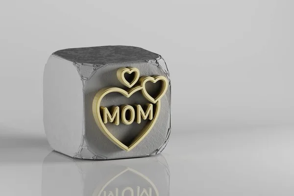 ベトンキューブと白のセラミックの背景にハートシンボルを持つ美しいゴールデンワードママ 3Dレンダリングイラスト デザインの背景パターン 母の日 — ストック写真