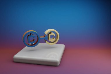 Harika Kripto Para Kaydetme simgeleri. Seramik bir stantta ve parlak renkli arka planda güzel simgeler. 3D tasvir. Tasarım için arkaplan deseni.