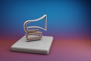Harika Eski Gramofon. Seramik stantta ve parlak renkli arka planda güzel müzik sembolleri. 3D tasvir. Tasarım için arkaplan deseni.