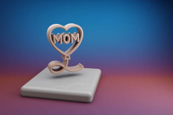単語Momシンボルアイコンと素晴らしいボロンハート 母の日のシンボルは セラミックスタンドと明るい色の背景にアイコン 3Dレンダリングイラスト デザインの背景パターン — ストック写真