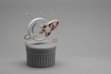 Güzel soyut çizimler Roket ve Beton sütun arka planında sembol simgesi başlat. 3D tasvir. Tasarım için arkaplan modeli. Uzay keşfi.
