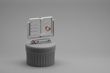 Wonderful Guest Book with heart symbol icons on a column stand and beton  background. 3d rendering illustration. Background pattern for design. Wedding day.	