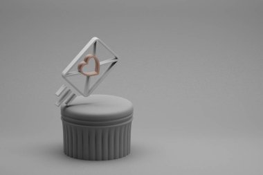 Wonderful Wedding Invitation with heart symbol icons on a column stand and beton  background. 3d rendering illustration. Background pattern for design. Wedding day.	