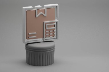 Güzel soyut illüstrasyonlar Bir sütun ve harika bir arkaplan üzerinde dağıtım kutusu hesap makinesi simgeleri. 3D tasvir. Tasarım için arkaplan modeli. Çevrimiçi Alışveriş.