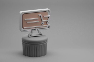 Güzel soyut çizimler masaüstü Online Alışveriş Sembolleri bir sütunda ve harika bir arka planda. 3D tasvir. Tasarım için arkaplan modeli. Çevrimiçi Alışveriş.