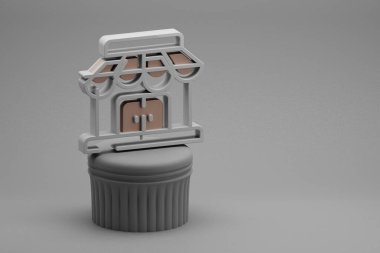 Güzel soyut illüstrasyonlar Mağaza Binası sütun üzerinde sembol simgeleri ve harika bir arka plan. 3D tasvir. Tasarım için arkaplan modeli. Çevrimiçi Alışveriş.