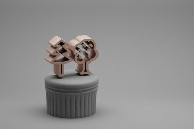 Sütun standında ve arka planda güzel soyut illüstrasyonlar orman sembolleri. 3D tasvir. Tasarım için arkaplan modeli. Ekolojik Kaydet.