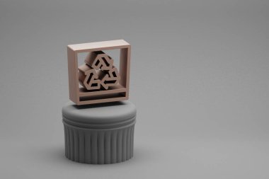 Güzel soyut çizimler sütun standındaki simgeleri ve harika arka plandaki simgeleri geri dönüştür. 3D tasvir. Tasarım için arkaplan modeli. Ekolojik Kaydet.