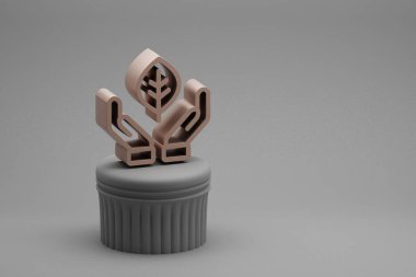 Güzel soyut çizimler bir sütun standında el yaprağı sembolleri ve harika bir arka plan. 3D tasvir. Tasarım için arkaplan modeli. Ekolojik Kaydet.