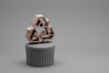 Güzel soyut çizimler sütun standındaki simgeleri ve harika arka plandaki simgeleri geri dönüştür. 3D tasvir. Tasarım için arkaplan modeli. Ekolojik Kaydet.