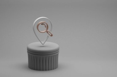 Beton bir sütunda ve harika bir arkaplanda Arama sembolleri olan güzel soyut çizimler konumu. 3D tasvir. Tasarım için arkaplan modeli. Seo ve İş.