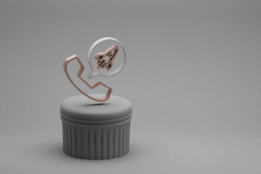 Beton sütununda Messenge roket sembolü simgeleri olan güzel soyut çizimler telefon ve harika bir arka plan. 3D tasvir. Tasarım için arkaplan modeli. Seo ve İş.