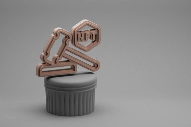 Güzel soyut illüstrasyonlar NFT açık artırma sembolleri bir sütun standında ve harika bir arka planda. 3D tasvir. Tasarım için arkaplan deseni. 
