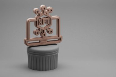Sütun standındaki güzel soyut resimli NFT dizüstü bilgisayar sembolleri ve harika bir arka plan. 3D tasvir. Tasarım için arkaplan deseni. 