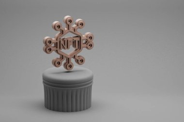 Güzel soyut çizimler NFT simgeleri bir sütun standında ve harika bir arka planda. 3D tasvir. Tasarım için arkaplan deseni. 