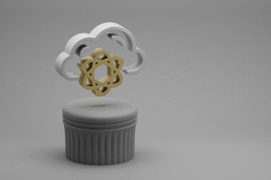 Güzel soyut çizimler Bulut Kuantum Sunucusu simgeleri bir sütun standında ve harika bir arka planda. 3D tasvir. Tasarım için arkaplan modeli. Web Sunucusu