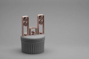 Güzel soyut çizimler, büyük hoparlörlerin sembol simgelerine sahip müzikal ses sistemi bir sütunda ve harika bir arka planda. 3D tasvir. Tasarım için arkaplan deseni.