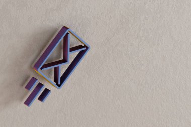 Beton duvardaki güzel soyut illüstrasyonlar mavi posta sembolleri. 3D tasvir. Tasarım için arkaplan modeli. Seo ve İş.