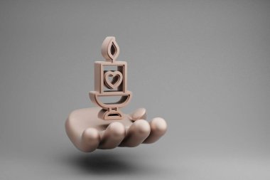 Gri arka planda kalp sembolü simgesi olan güzel soyut çizimler Altın El Tutuşu mumu. 3D tasvir. Tasarım için arkaplan modeli. Anneler Günü.