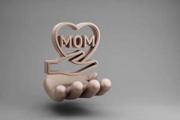 美しい抽象画 ゴールデンハンド灰色の背景に単語Momのシンボルアイコンと手の心を保持します 3Dレンダリングイラスト デザインの背景パターン 母の日 — ストック写真