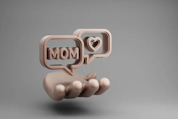 美しい抽象的なイラスト ゴールデンハンド灰色の背景に単語ママとハートシンボルアイコンとメッセージを保持します 3Dレンダリングイラスト デザインの背景パターン 母の日 — ストック写真