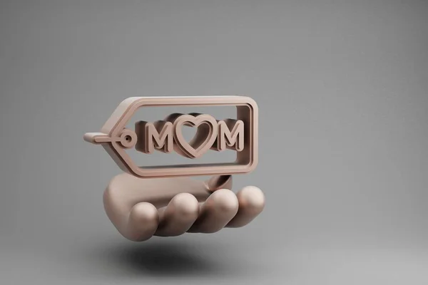 美しい抽象画灰色の背景に単語Momと心のシンボルアイコンとゴールデンハンドホールディングバッジ 3Dレンダリングイラスト デザインの背景パターン 母の日 — ストック写真