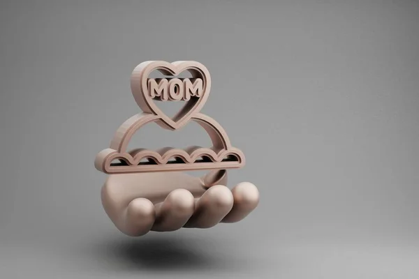美しい抽象的なイラストゴールデンハンド灰色の背景に単語ママと心のシンボルアイコンとケーキを保持 3Dレンダリングイラスト デザインの背景パターン 母の日 — ストック写真