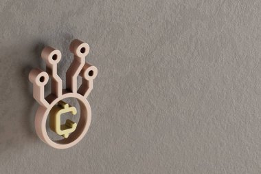 Gri duvar arkaplanındaki güzel soyut çizimler Altın Blockchain sembol simgeleri. 3D tasvir. Tasarım için arkaplan deseni. 