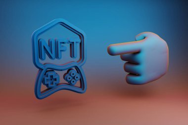 Güzel çizimler soyut El işaret parmağı çok renkli parlak bir arkaplanda NFT Oyun simgesi simgesini gösterir. 3D tasvir. Tasarım için arkaplan deseni. 