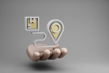 Gri bir arka planda güzel soyut çizimler Altın El Taşıma Teslimat İzleme Sembolü simgesi. 3D tasvir. Çevrimiçi Alışveriş.