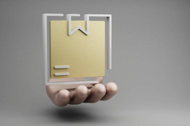 Gri bir arkaplanda güzel soyut çizimler Altın El Taşıma Teslimat Arama simgesi simgesi. 3D tasvir. Çevrimiçi Alışveriş.
