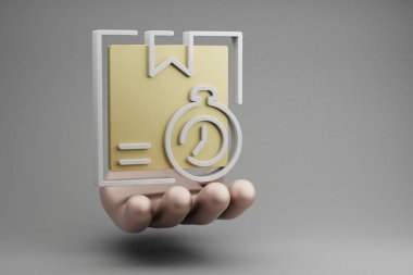 Gri arkaplandaki güzel soyut çizimler Altın El Tutma Teslimat Zamanlayıcısı simgesi. 3D tasvir. Çevrimiçi Alışveriş.
