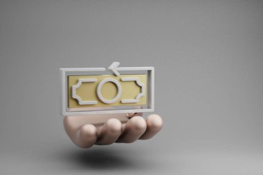 Gri arkaplanda Altın El 'in Para Geri Tutma sembolü simgesi olan güzel soyut çizimler. 3D tasvir. Çevrimiçi Alışveriş.