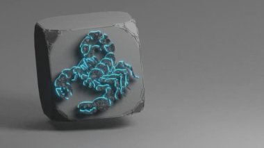 Mavi neon ışıklı zodyak ile güzel Siyah Beton küpünde Akrep sembolü simgeleri ve beyaz gri arka plan. 3D tasvir. Döngü Videosu.
