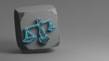 Beton küpünde ve beyaz gri arkaplanda mavi ışıklı burç simgesi olan güzel siyah simgeler. 3D tasvir. Döngü Videosu.