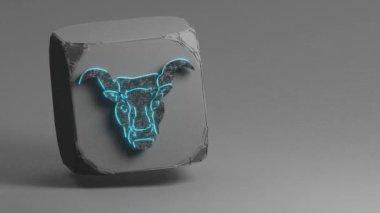 Mavi ışıklı zodyak ile güzel Siyah Beton küpünde Taurus sembolü simgeleri ve beyaz gri arka plan. 3D tasvir. Döngü Videosu.