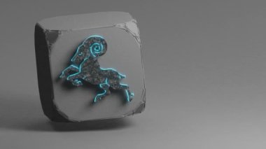 Güzel Siyah, mavi neon ışıklı zodyak işaretli. Beton küpü ve beyaz gri arka planda Oğlak sembolü simgeleri. 3D tasvir. Döngü Videosu.