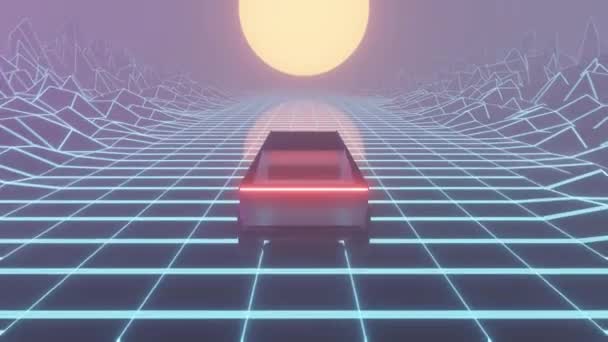 Synthwave Wireframe 80S Retro Background Retmicrowave Horizon Landscape Car Neon — стоковое видео