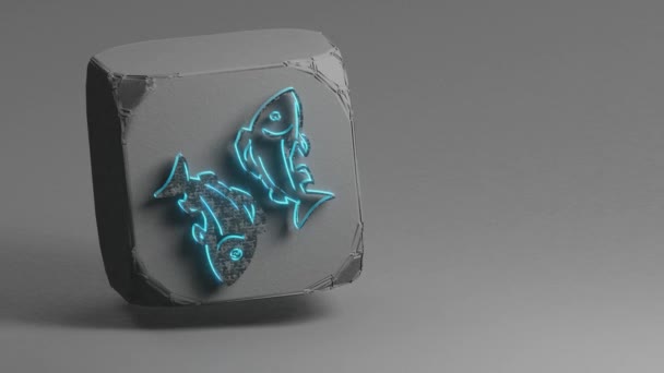 青ネオンサイン付きの美しいブラックベトンキューブと白のグレーの背景にパイスのシンボルアイコン 3Dレンダリングイラスト ループビデオ — ストック動画