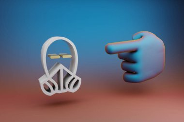 Güzel çizimler soyut El işaret parmağı çok renkli parlak bir arkaplandaki gaz maskesi simgesini gösteriyor. 3D tasvir. Tasarım için arkaplan deseni. 