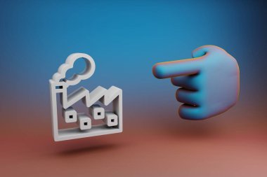 Güzel çizimler soyut El işaret parmağı çok renkli parlak bir arkaplanda fabrika sembolü simgesini gösteriyor. 3D tasvir. Tasarım için arkaplan deseni. 