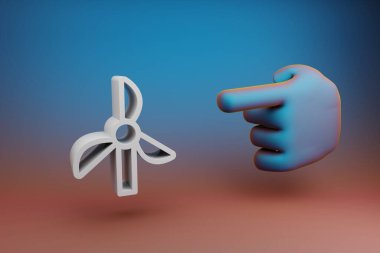 Güzel çizimler soyut El işaret parmağı çok renkli parlak bir arkaplandaki rüzgar enerjisi oluşturucu simgesini gösteriyor. 3D tasvir. Tasarım için arkaplan deseni. 