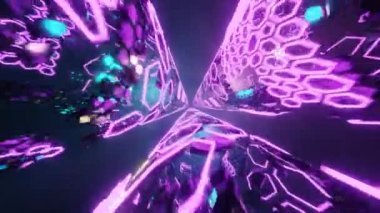 Neon ışıkları olan bir bilim kurgu tüneli. Siber punk tarzında veya yüksek teknoloji geleceğinde arka plan olarak yüksek teknolojili tünel. 3D tasvir. Döngü videosu.