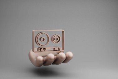 Güzel soyut çizimler Altın El Müzikal Şeffaf Cassette sembolü gri arka planda. 3D tasvir. Tasarım için arkaplan deseni.