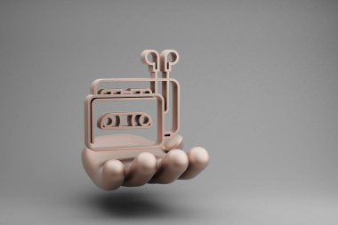 Gri arka planda kulaklık sembolü olan güzel soyut çizimler Golden Hand Holding müzikali Walkman. 3D tasvir. Tasarım için arkaplan deseni.