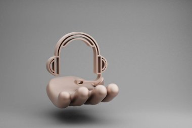 Güzel soyut çizimler Altın El müzikal Büyük Kulaklıklar üzerinde gri bir arkaplan üzerinde mikrofon sembolü olan. 3D tasvir. Tasarım için arkaplan deseni.